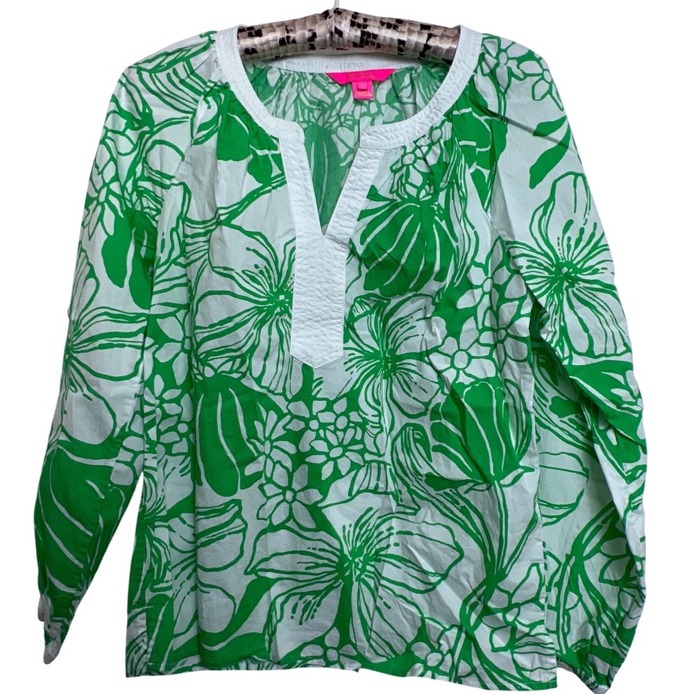 Lilly Pulitzer Camryn Green Floral Print Cotton Tunic Top S LS Boho Pullover
